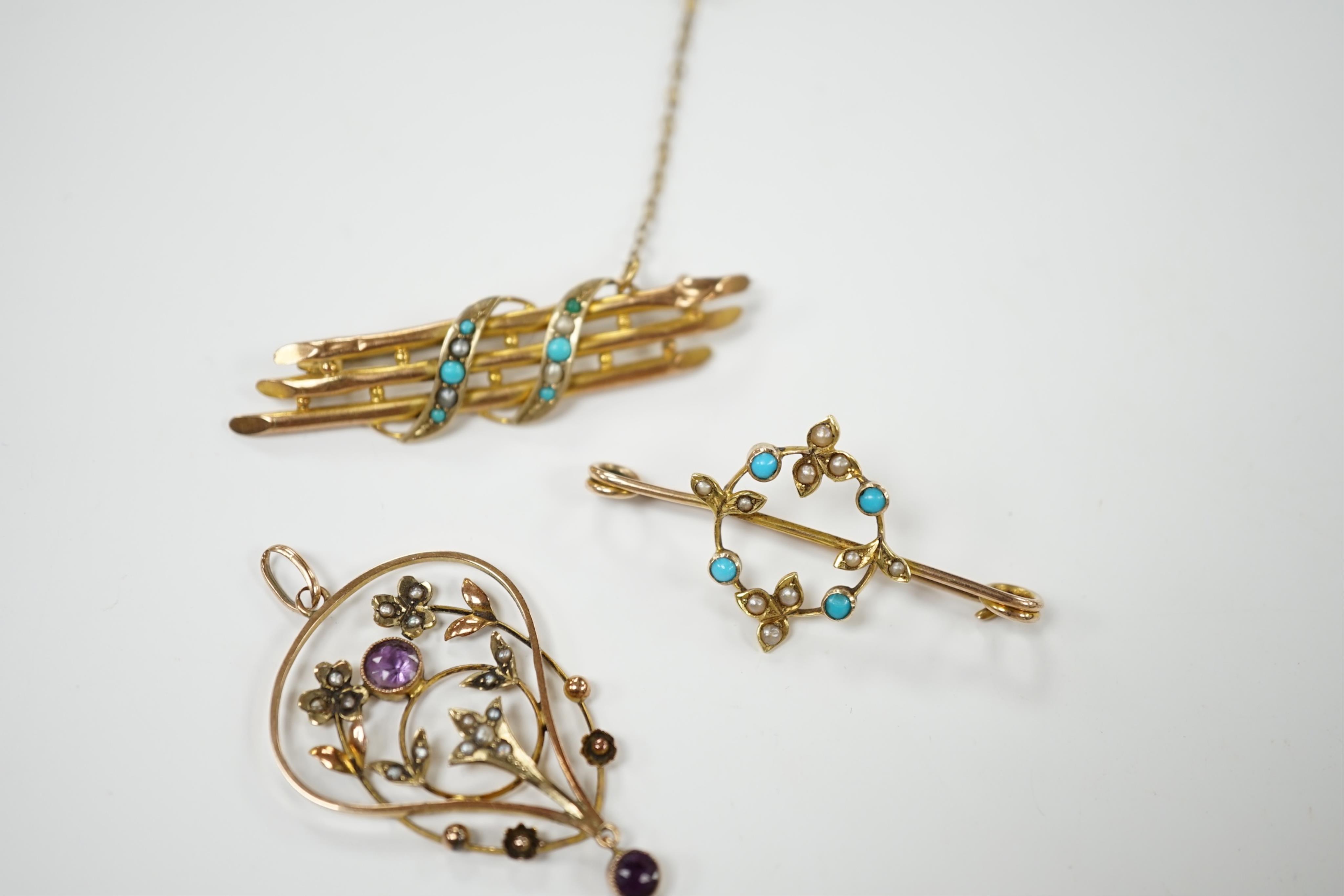 An Edwardian 15ct, turquoise and seed pearl set brooch, 38mm, one other similar yellow metal brooch and a 9ct, amethyst and seed pearl set drop pendant, gross 6.8 grams. Condition - poor to fair